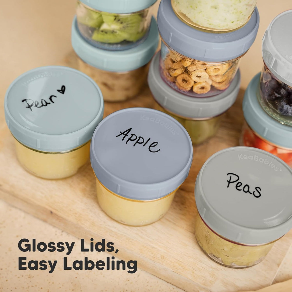 KeaBabies 6pk 4oz Glass Baby Food Containers with Lids - Leak-Proof, Microwavable Small Glass Jars, Baby Purees & Toddler Snack Storage Containers, BPA-Free, Dishwasher & Freezer Safe(Slate)