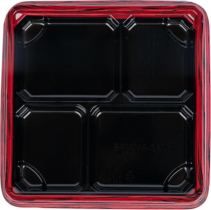 Restaurantware-Bento Tek 18.3 Ounce Meal Prep Containers, 50 Disposable To Go Food Boxes - Lids Sold Separately, 5 Compartments, Red And Black Plastic Bento Lunch Boxes, Freezable, For Take Out