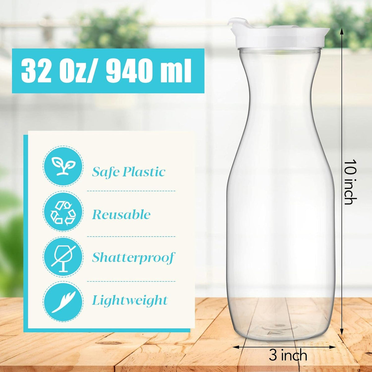 Gejoy 24 Pcs Plastic Water Carafe with Lids 32 oz Clear Juice Pitchers for Mimosa Bar Drinks Milk Iced Tea Beverage Containers for Home Restaurant School Fridge, Not Dishwasher Safe (White Cap)