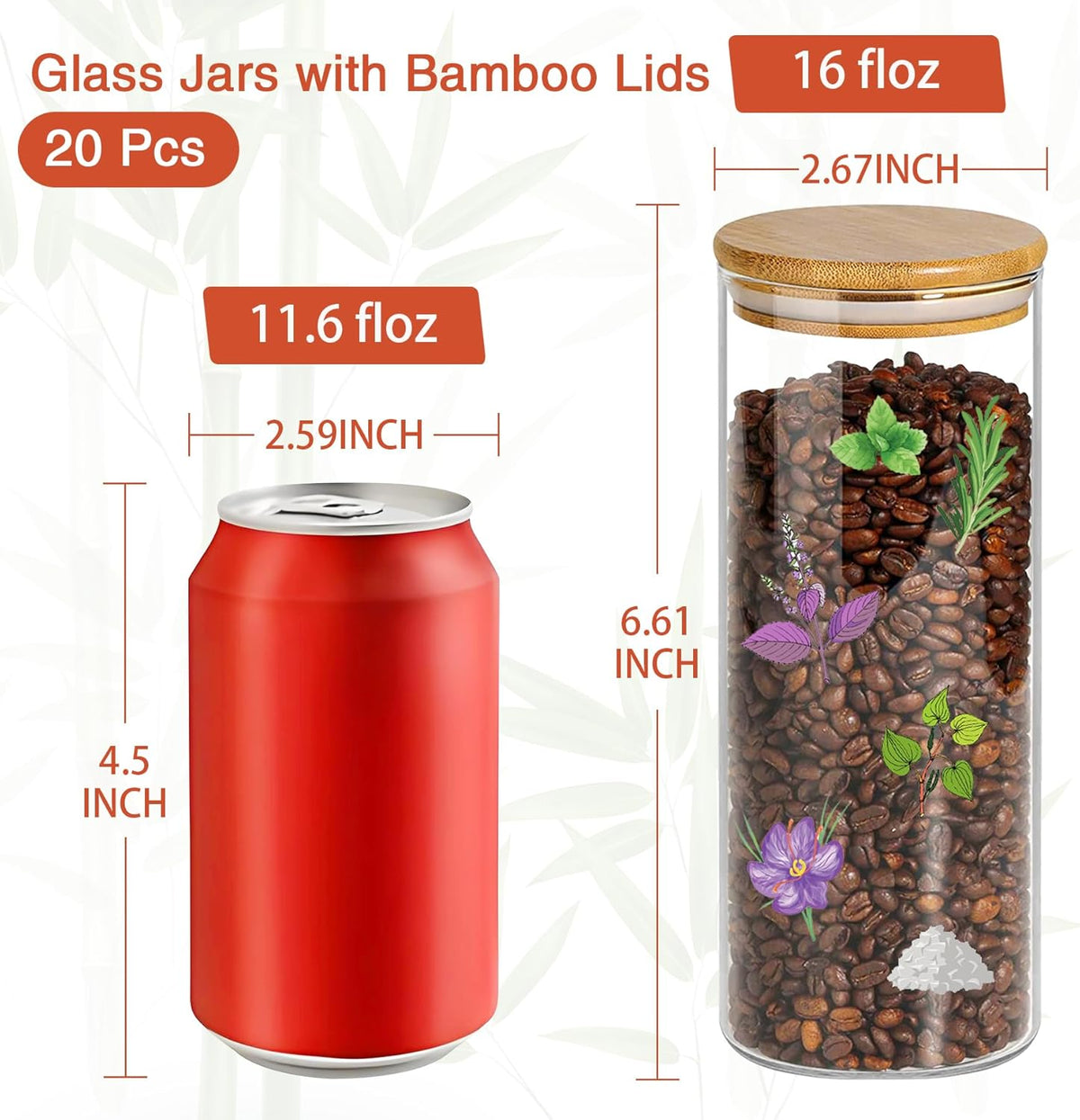 16 oz 20 pcs Glass Jars with Bamboo Lids, Stackable Clear Food Storage Jars, Airtight Kichen Glass Pantry Storage Containers with Lids for Rice, Candy, Sugar, Flour, Nuts, Cookie, Spice