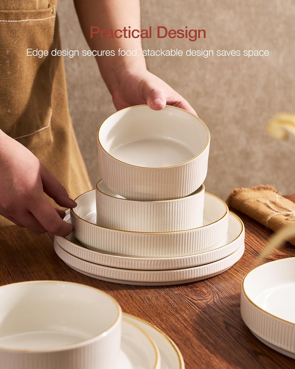 Famiware Star Dinnerware Set, Plates and Bowls Sets for 8 (24pcs), Ribbed Stoneware Dishes - Chip & Scratch Resistant, Microwave & Dishwasher Safe Tableware, Vanilla White