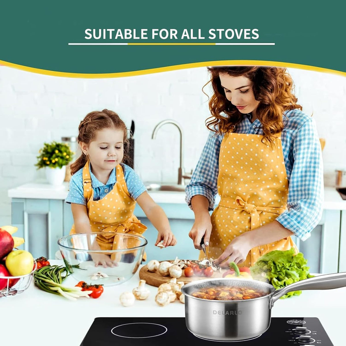 DELALRO Full Clad Tri-Ply Stainless Steel Sauce Pan 2.5QT, All Stove Safe 600℉(Lids 300℉), Medium Sauce Pan with Lid, Non Stick Sauce Pan, Fast & Even Heat, Steel Pot with Lid, Energy Saving,2-1/2 QT