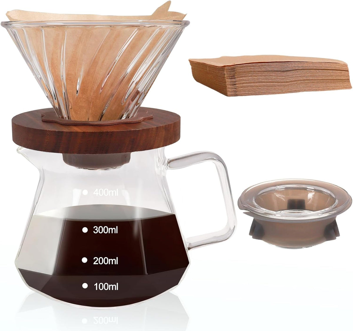 Pour Over Coffee Maker 400ml Borosilicate Glass Drip Coffeemaker Server Set with 50pcs V60 Cone Paper Filters Walnut Collar Glass Lid Clear Hand Brew Dripper Carafe for Home Camping Travel 13.53oz