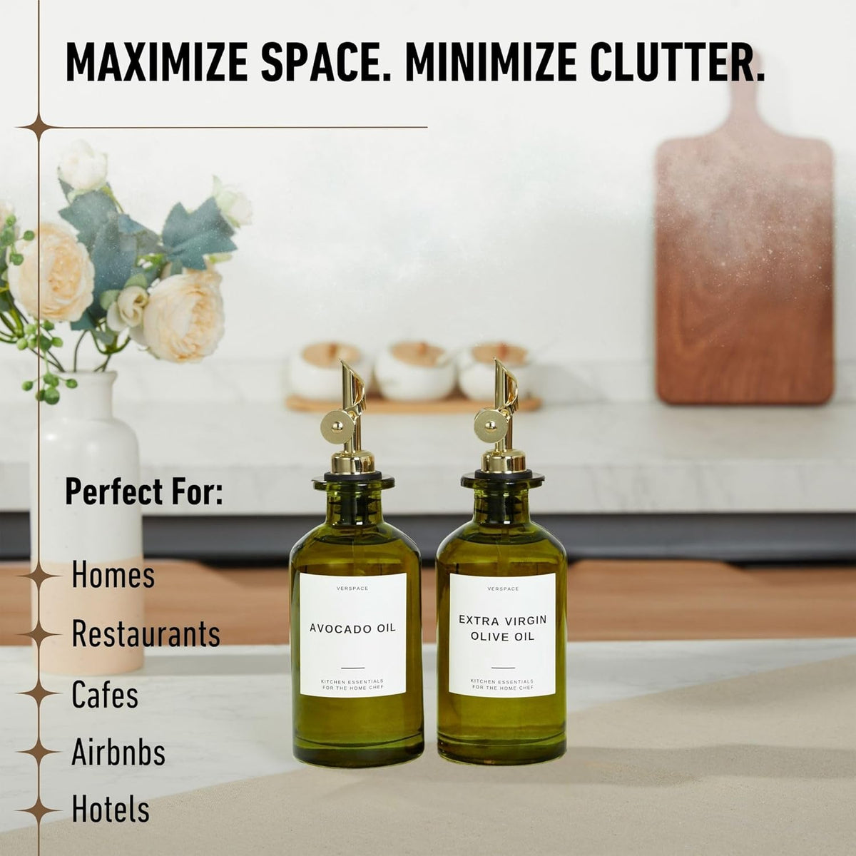 Green Glass Olive Oil Dispenser Bottle For Kitchen By Verpsace,Avocado Oil Dispenser Set, Modern Decor, Gold Kitchen Accessories for Home, Airbnb, Cafe (Gold, Set of 2)