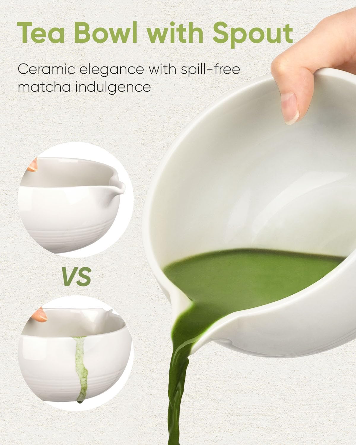 Traditional Matcha Bowl with Spout, Ceramic Matcha Tea Bowl (Chawan), Matcha Mixing Bowl for Whisking Matcha, Ivory White (18 Ounce)