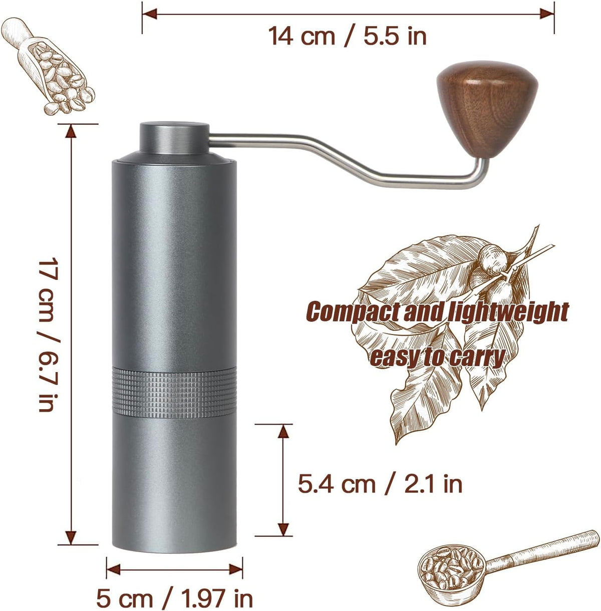 Manual Coffee Grinder - Precision CNC Stainless Steel Burr Grinder with Adjustable Settings, Grey Blue, Double Bearings for Smooth Grinding - Ideal for Home, Office, and Camping Espresso Enthusiasts