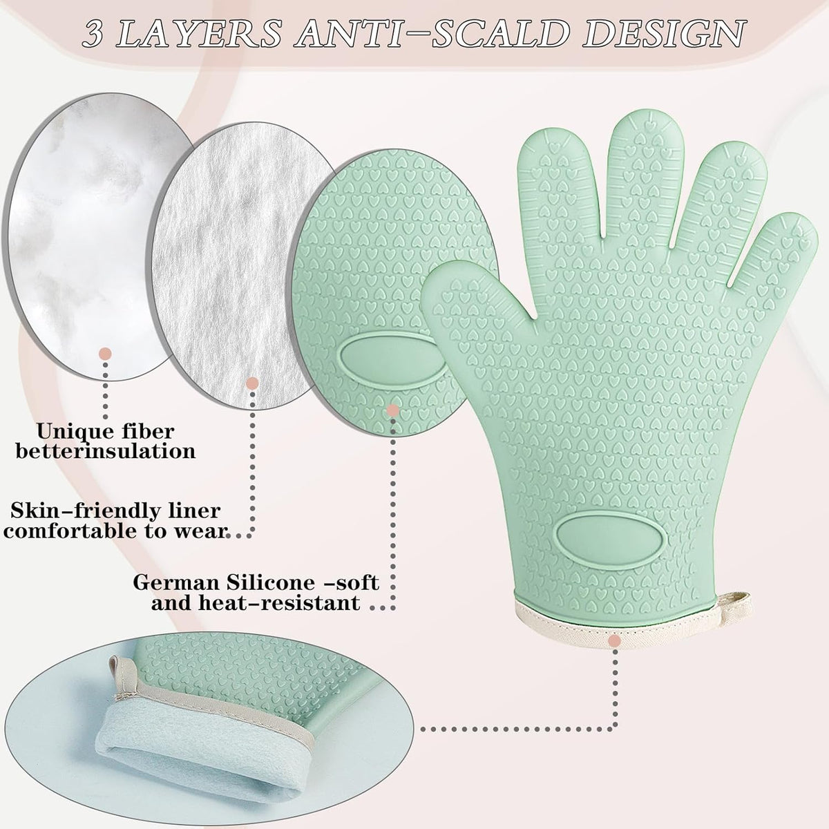 Oven Mitts with Fingers, Heat Resistant 500°F, Waterproof & Non-Slip Kitchen Gloves for Baking, Grilling, Cooking.5-Finger Design with Soft Lining, Hanging Hook,Mint Green