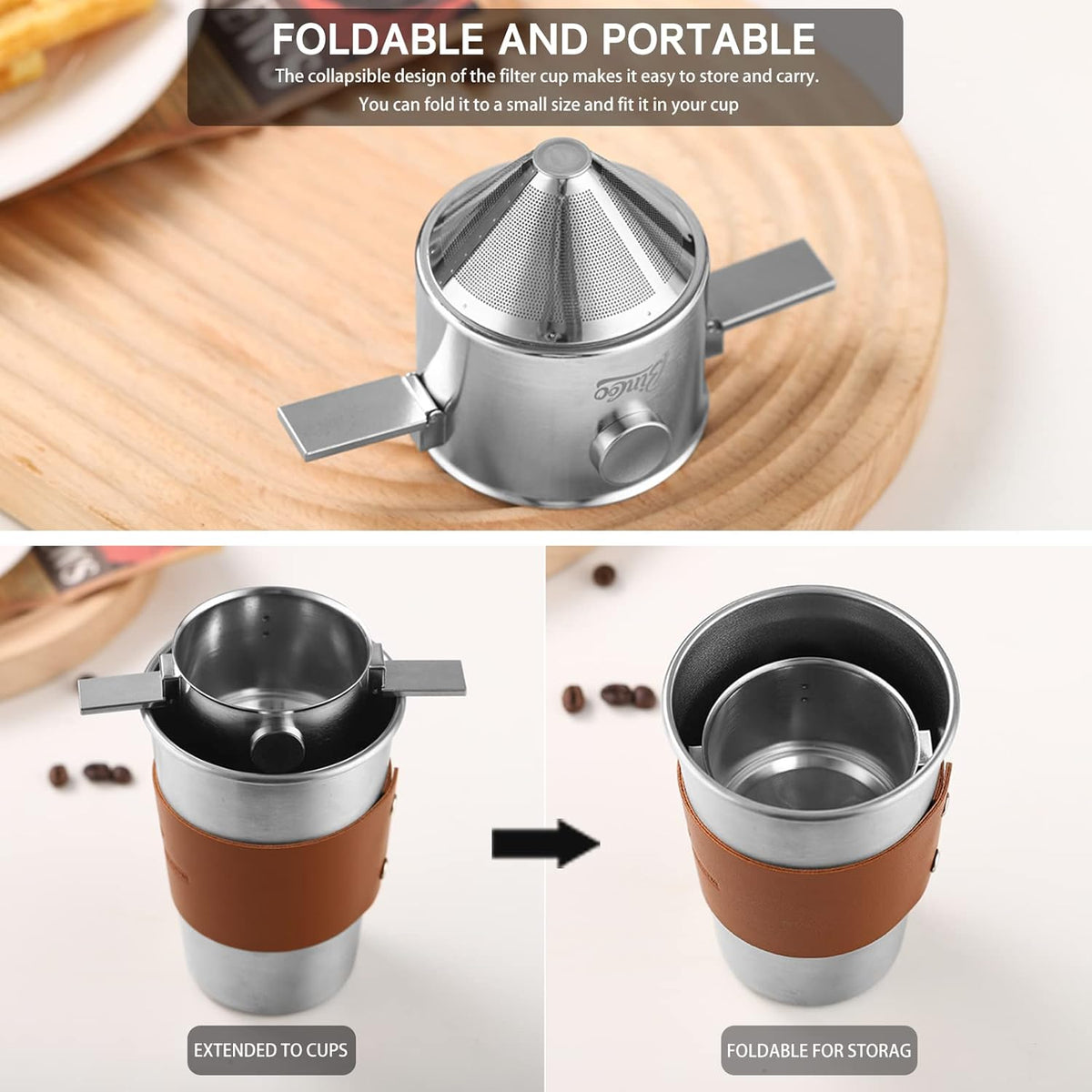 Bincoo Pour Over Coffee Dripper, Portable Stainless Steel Reusable Coffee Filter, Mini Collapsible Paperless Single Serve 1-2 Cup Coffee Dripper Cup Easy To Clean For Travel Camping Offices