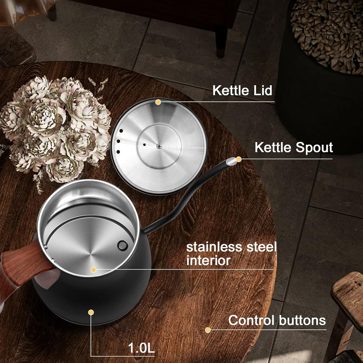 SEEDEEM Gooseneck Electric Kettle Full Touch Screen 1200W Electric Tea & Coffee Kettle with Four Heating Modes Rapid Heating,±1℉ Temperature Control，Keep Warm Mode,1L Electric kettle