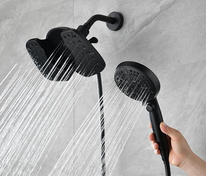 Black Shower Heads with Handheld Spray Combo 2.5GPM: 10” Rainfall Shower Head & Detachable Shower Head, 9 Spray Settings Handheld Shower Head with ON/OFF Switch and 15-Stage Filter
