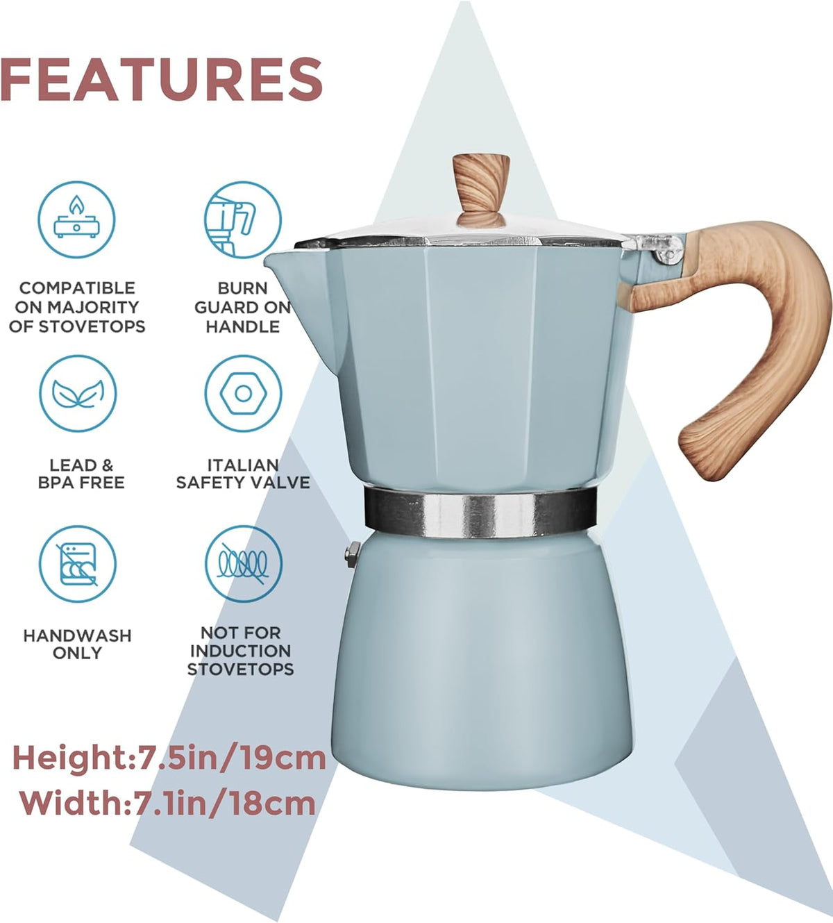 AGOGO Milano Moka pot, Stovetop Espresso maker, Greca Coffee Maker, Stovetop coffee maker and espresso maker percolator With Paper Filter 6 Cup Lake Blue