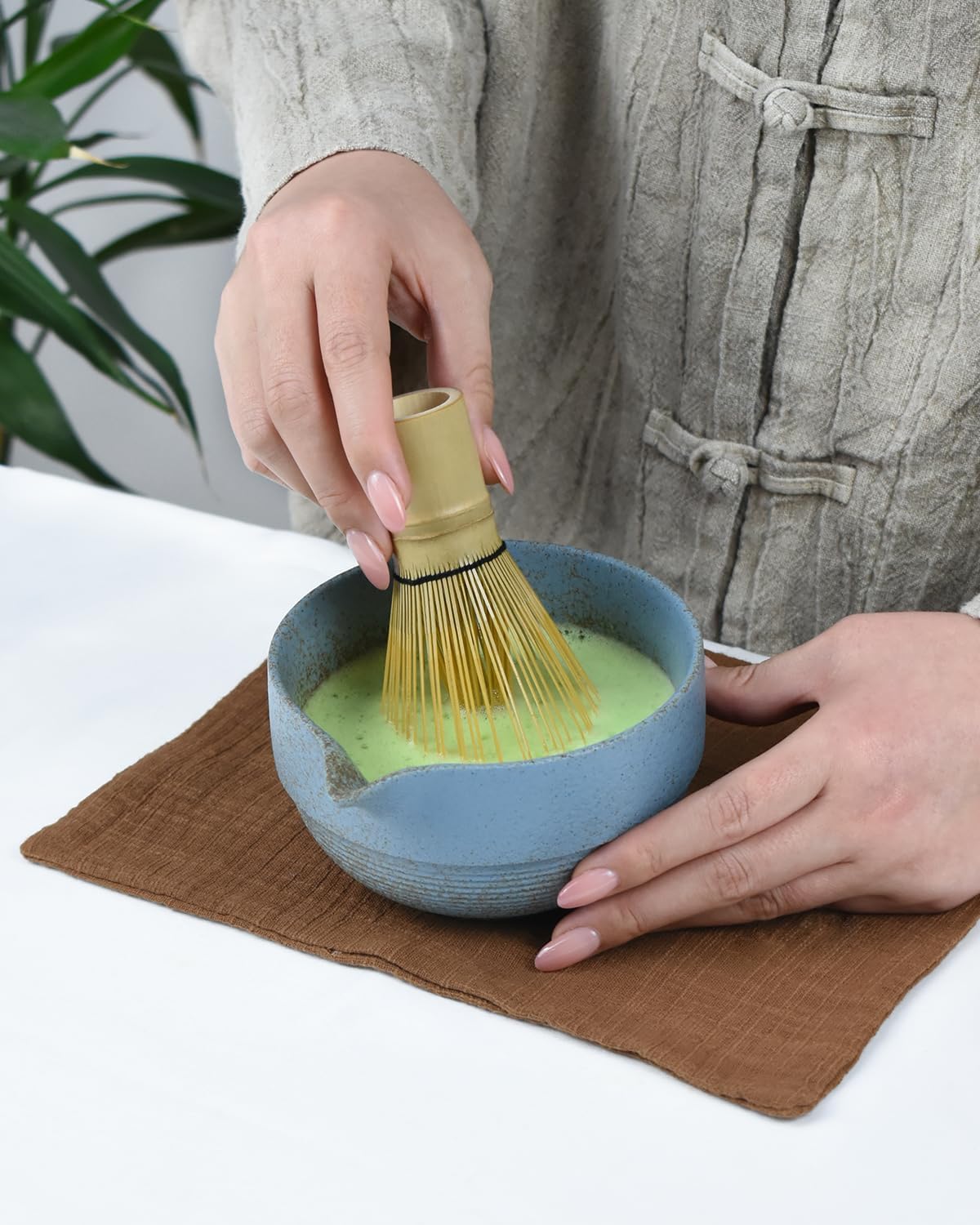 Artcome Premium Matcha Tea Set - 17oz Handcrafted Ceramic Bowl with Blue Reactive Glaze, Bamboo Whisk, Scoop, Whisk Holder & Brewing Guide - Japanese Tea Ceremony Tools for Perfect Matcha Preparation