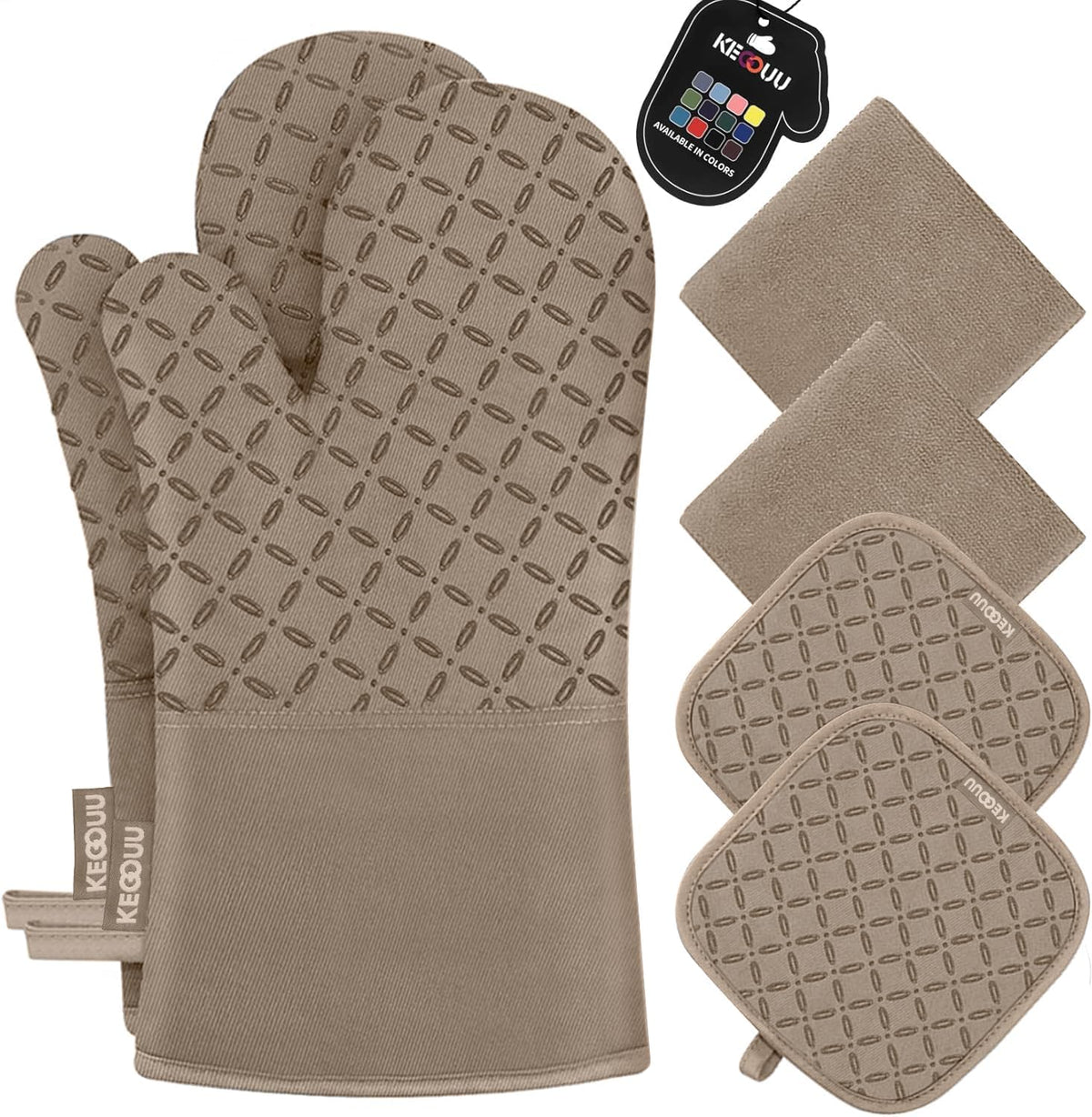 KEGOUU Oven Mitts and Pot Holders 6pcs Set, Kitchen Oven Glove High Heat Resistant 500 Degree Extra Long Oven Mitts and Potholder with Non-Slip Silicone Surface for Cooking (Khaki)