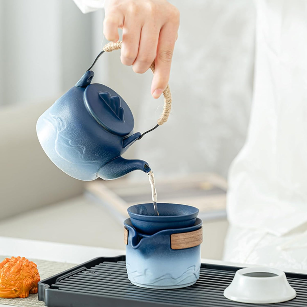 ICHAG Chinese Tea Set, Japanese Tea Sets for Adults, 15-Piece Porcelain Gongfu Tea Set with Tea Pet & Tea Tray, Japanese Teapot Set, Travel Tea Party Set, for Home/Office/Outdoor/Gifts (Blue)