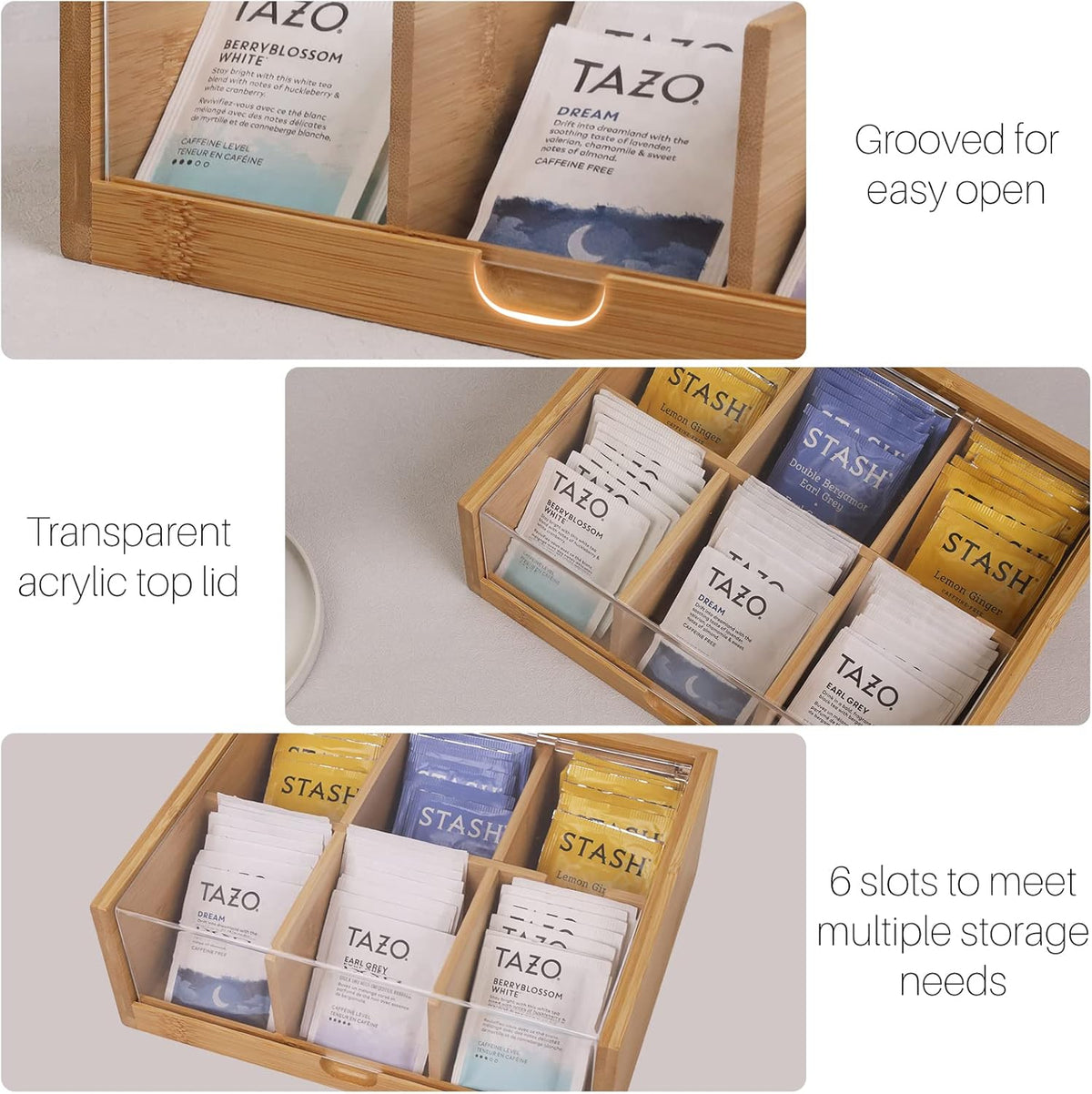 HTB Tea Bag Organizer 6 Compartments Gift Box Bamboo Tea Organizer for Tea Bags with Acrylic Transparent Hinged Lid