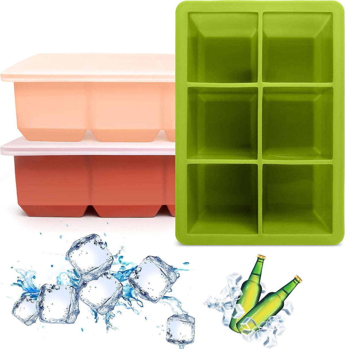 Silicone Ice Cube Trays 3 Pack - Large Size Silicone Ice Cube Molds with Leak Proof Removable Lid Square Ice Cube Tray And BPA Free for Cocktail,Whiskey, Stackable Flexible Ice