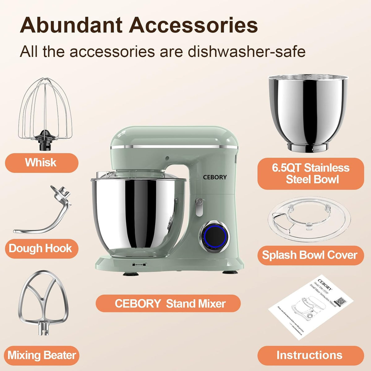 3-IN-1 Electric Stand Mixer, 6.5QT Bowl 660W 10-Speed Kitchen Mixer, Household Food Mixers include Dough Hook, Beater and Whisk, Bread Cake Mixer for Baking and Most Home Cooks, Green