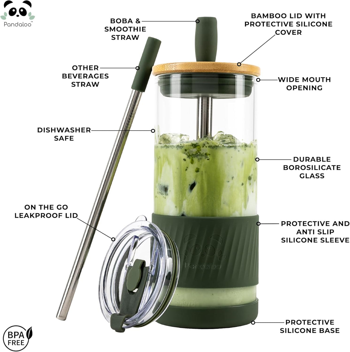 Pandaloo® Glass Cups With Lids and Straws -20 Fl Oz- Perfect Size Iced Coffee Cup - Smoothie Cup With Bamboo Lid and On the go Lid - Glass Tumbler With Straw (1 Count (Pack of 1), Mediterranean Olive)