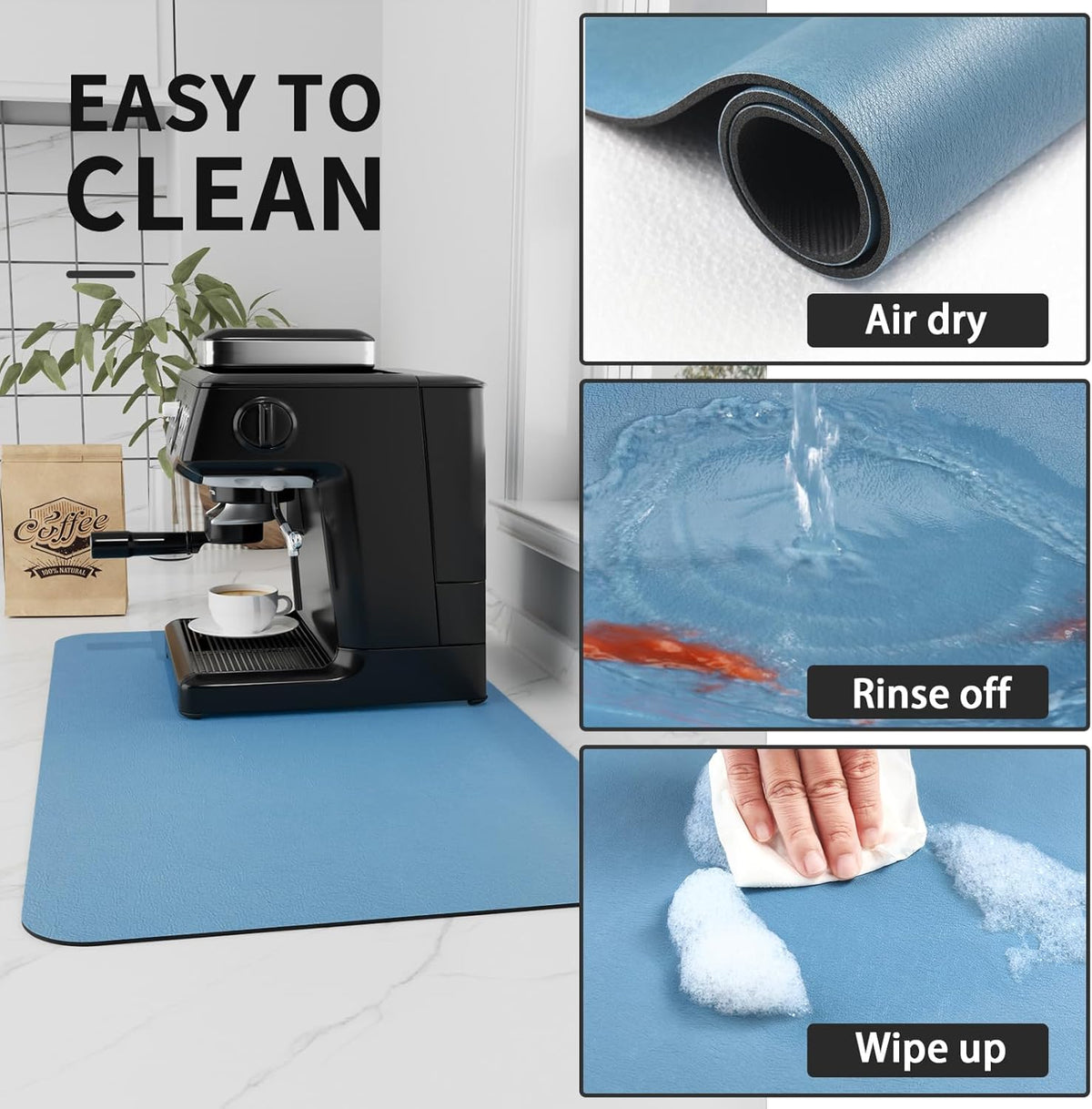 Coffee Mat - Absorbent Hide Stain Rubber Backed Dish Drying Mat for Kitchen Counter - Bar Mats for Countertops Accessories Fit Under Coffee Maker Espresso Machine