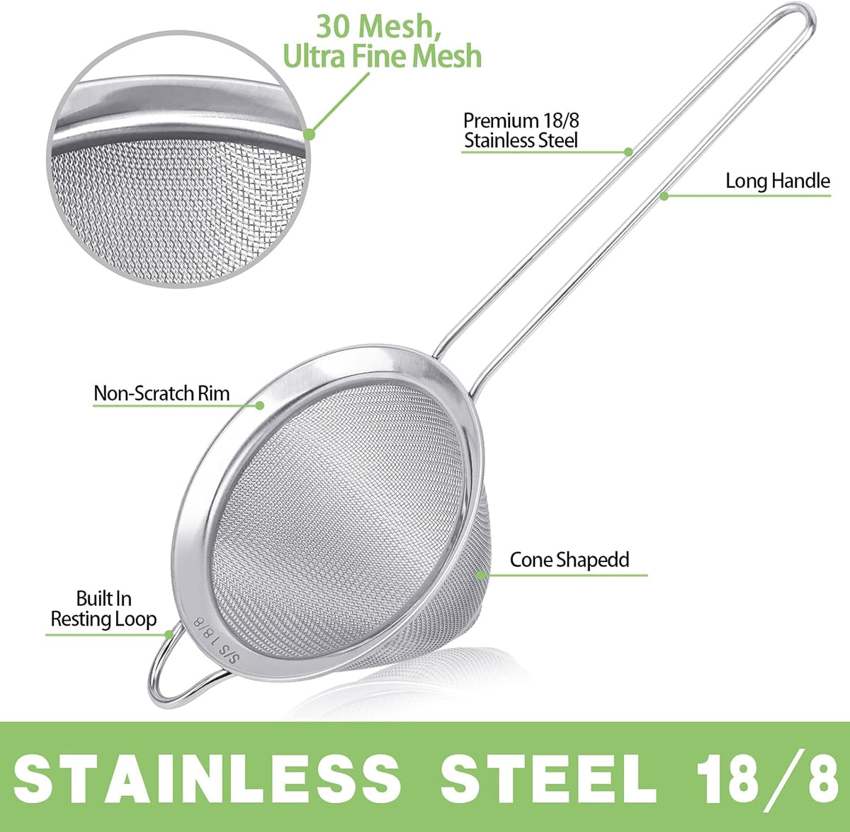 2 Pack Stainless Steel 18/8 Small Food Strainer, Fine Mesh Sieve with Long Handle, Cocktail Strainer For Cocktails, Tea Herbs, Coffee & Drinks, Rust Proof & Great as Tea Strainer, 3.5inch