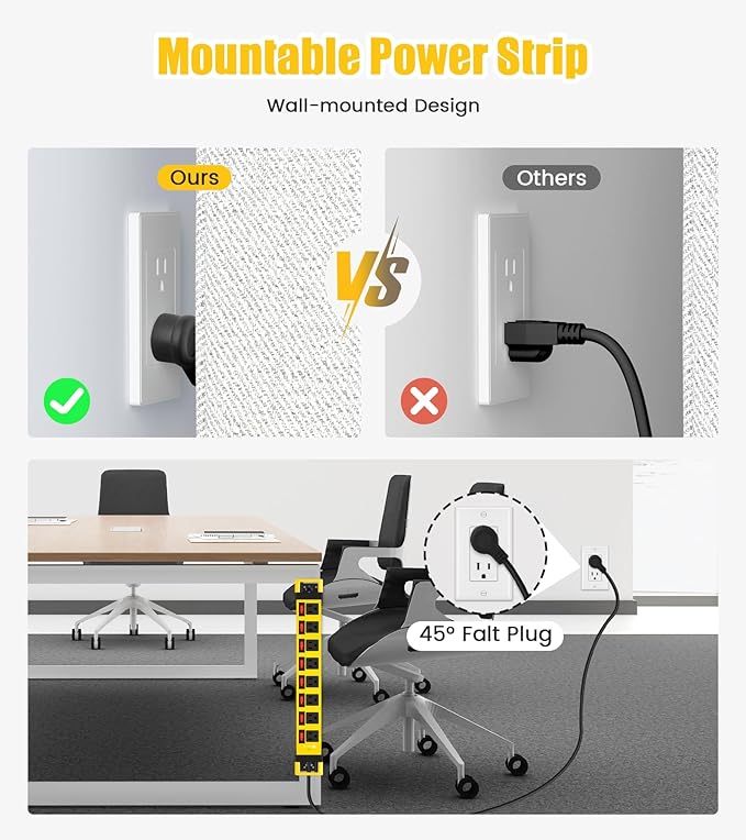 Heavy Duty Power Strip with Individual Switches,8 Outlets 14 Gauge Industrial Shop Garage Metal Multiple Outlets,1200J Surge Protector Mountable Power Strip,15FT Extension Cord Management (Yellow)