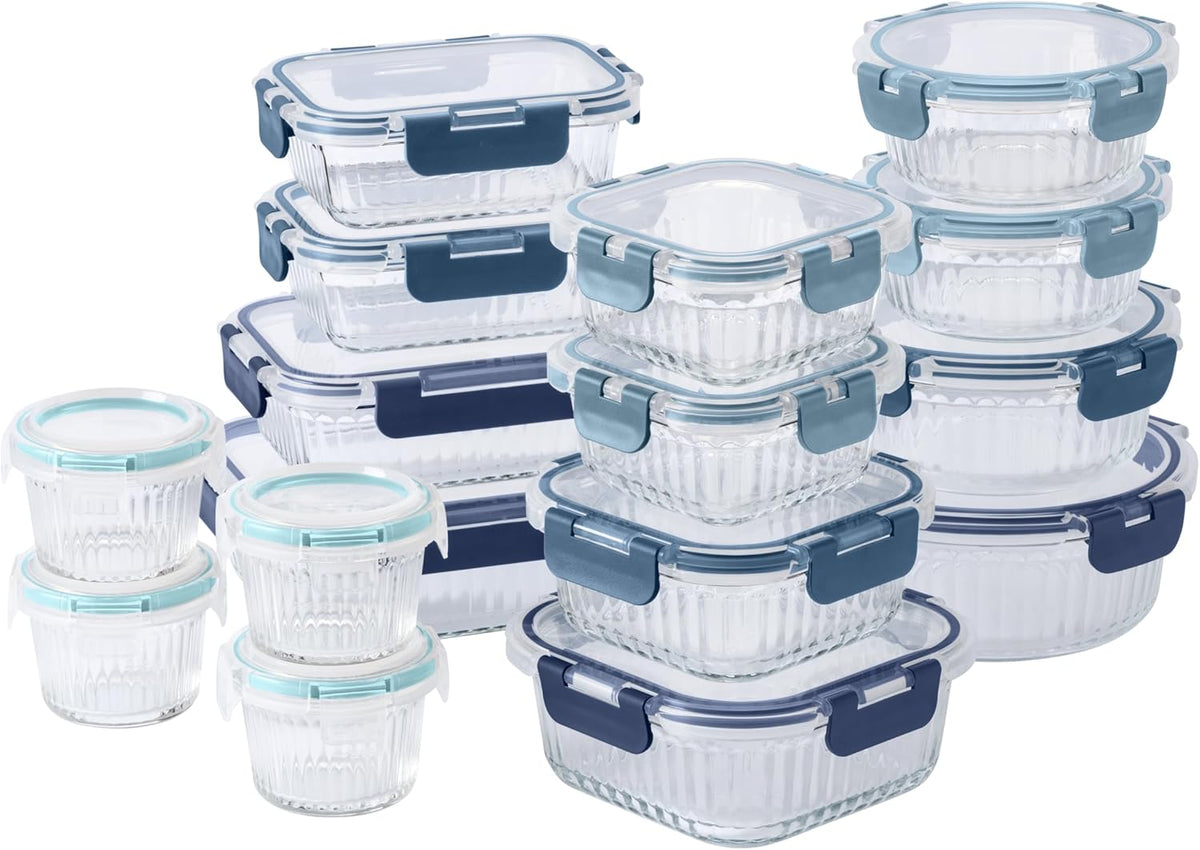 COOK WITH COLOR Premium 32-Pc. Borosilicate Glass Food Container Set with Dividers - 4 Rectangles, 8 Rounds, 4 Squares - Leakproof Lids - Meal Prep, Storage, Fluted Ombre Blue