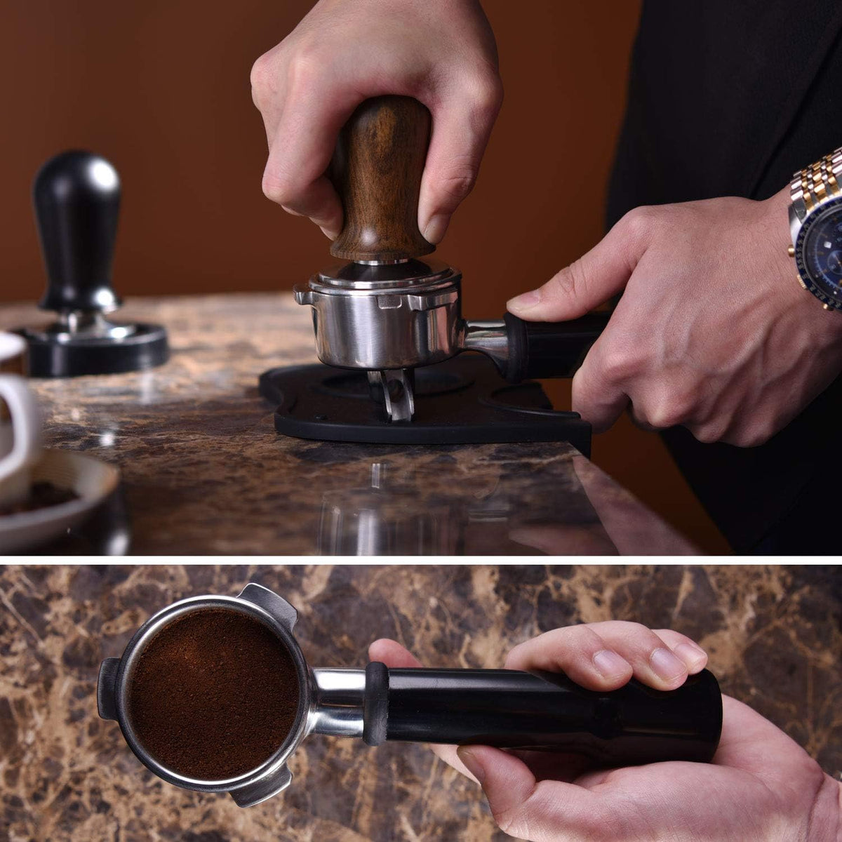 53mm Calibrated Espresso Tamper, Calibrated Coffee Tamper with Spring Loaded Wooden Handle Stainless Steel Flat Base, Professional Barista Espresso Hand Tamper
