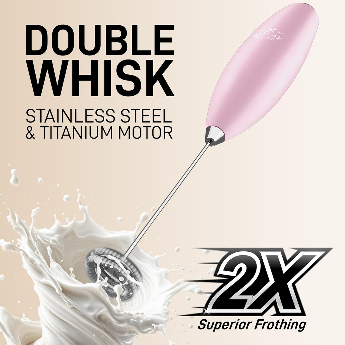Zulay Kitchen Powerful Double Whisk Milk Frother Handheld - Foam Maker With Stand - Whisk Drink Mixer for Coffee, Mini Foamer for Latte, Matcha, Frappe, Hot Chocolate & Cappuccino - Pink