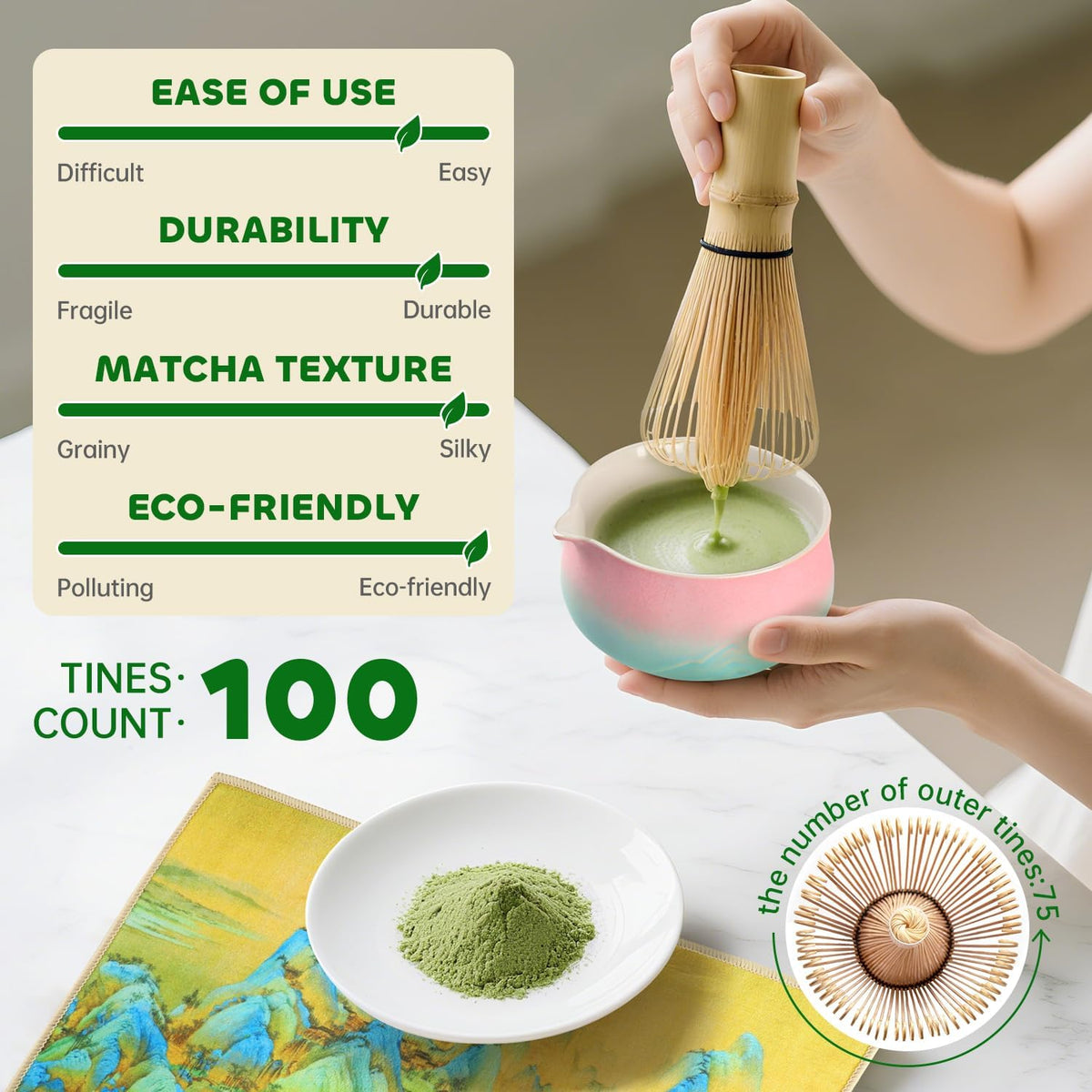 Matcha Whisk Set, Matcha Kit 7 Pcs Includes Bowl, Whisk and Holder, Bamboo Scoop, Scoop Rest, Sifter and Tea Towel, Matcha Kit Set for Tea Ceremony