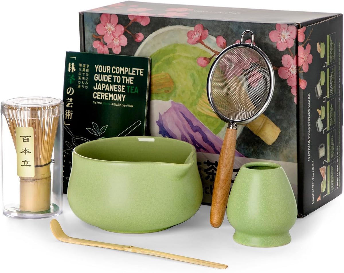 Nucookery Matcha Set - 6 PCS Matcha Whisk Set, 18OZ Matcha Bowl (Chawan) with Spout, Matcha Whisk (Chasen) and Holder, Bamboo Matcha Scoop and Sifter, Matcha Kit/Tools/Accessories for Tea Ceremony