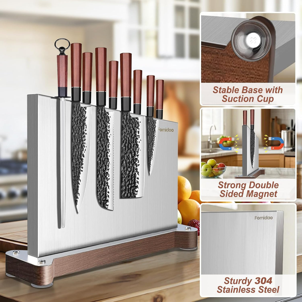 Magnetic Knife Holder Stand,Large Double Sided Magnetic Knife Block WIthout Knives Stainless Steel Magnet Kitchen Knife Holder Strong Magnetic Knife Rack Storage With Three Magnet Strip