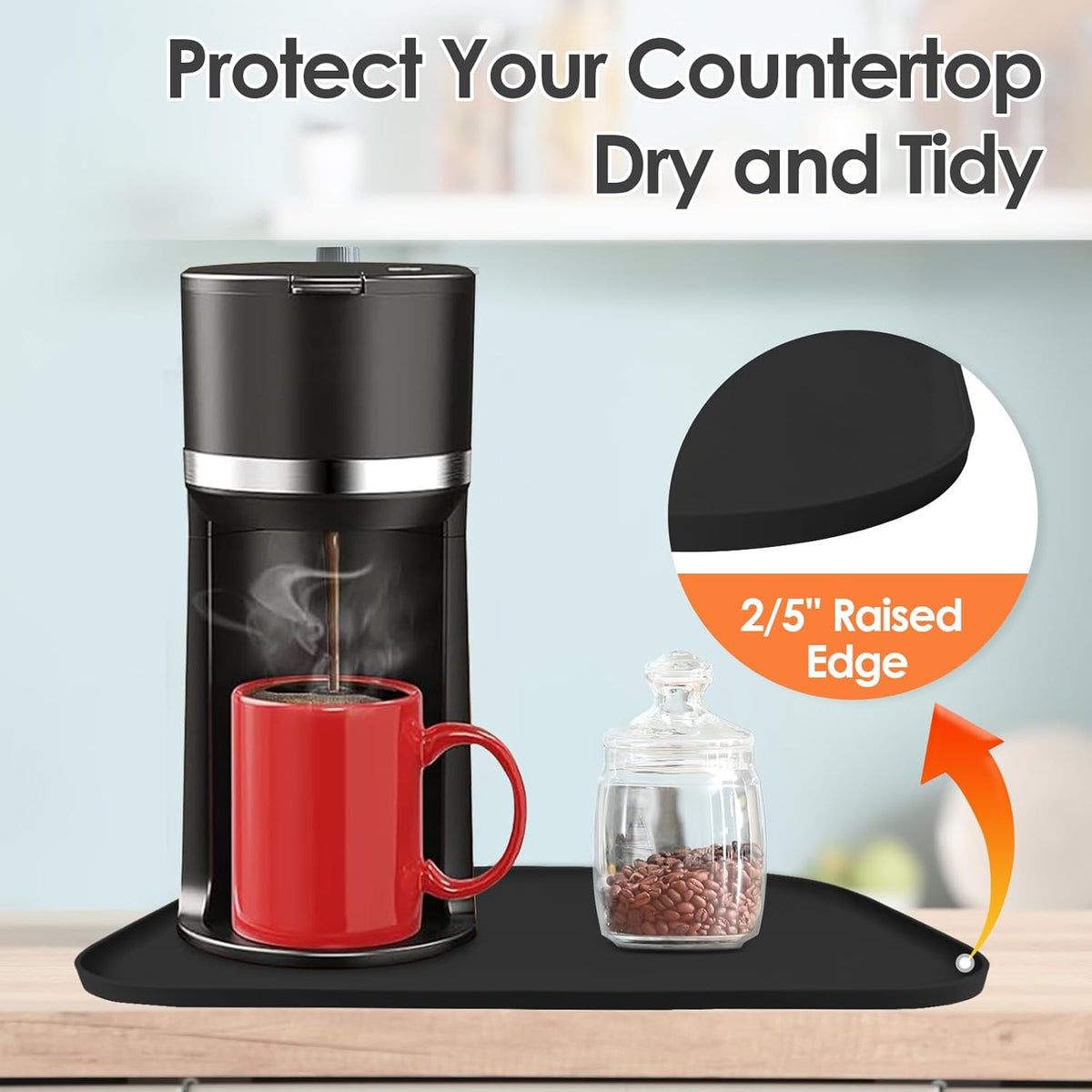 TOHONFOO Silicone Coffee Maker Mat with Lip, 24'' x 16'' Heavy Duty Coffee Maker Mat for Countertops, Coffee Tray Fit Under Coffee Machine Appliance Automatic Machines Espresso Accessory, Black