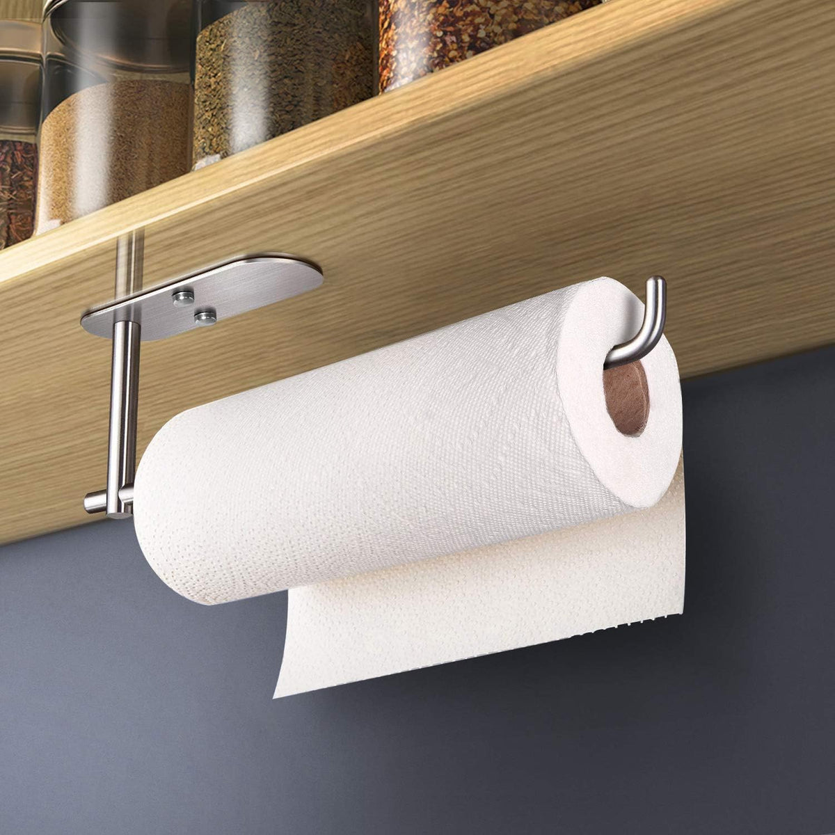 VAEHOLD Self Adhesive Paper Towel Holder Under Cabinet Mount, Wall Mounted Paper Towel Roll Holder for Kitchen, Bathroom, Wall - SUS304 Stainless Steel (Silver)