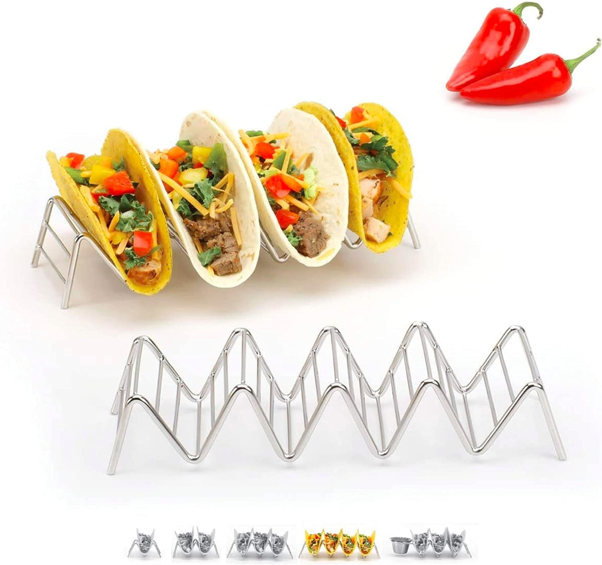 Taco Holders Set of 2 Premium Stainless Steel Stackable Stands, Each Rack Holds 4 or 5 Hard or Soft Tacos, Five Styles Available By 2lbDepot