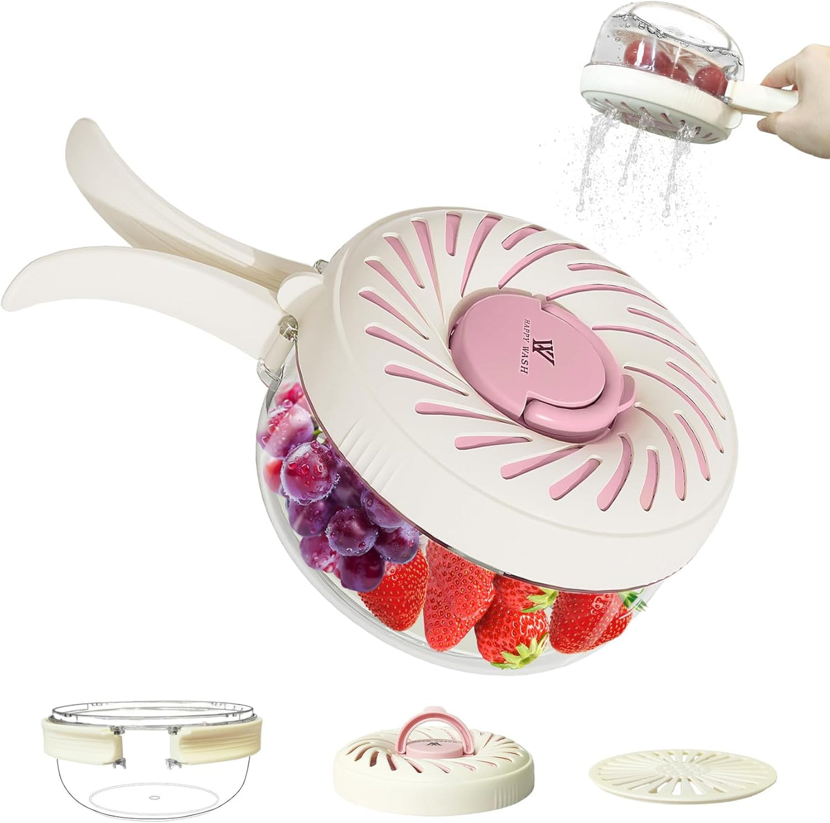 Fruit Washing Bowl with Strainer, Fruit Strainer container with Lid, Portable Fruit Colander with Collapsible Handle, 3 in 1 Fruit Fridge Container Salad Stir Fruit Cleaning Drainer for Kitchen