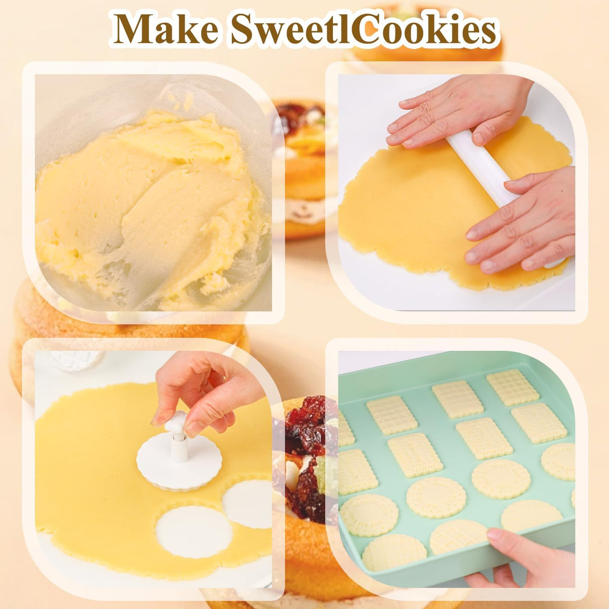 Cookie Stamps Baking Molds 4 Shapes, Biscuits Cutters, 3D Patterns Impression Embosser, Cookies Plunger Stamp, Homemake Bakeware DIY, Pastry, Bakery Desserts, Children Adults