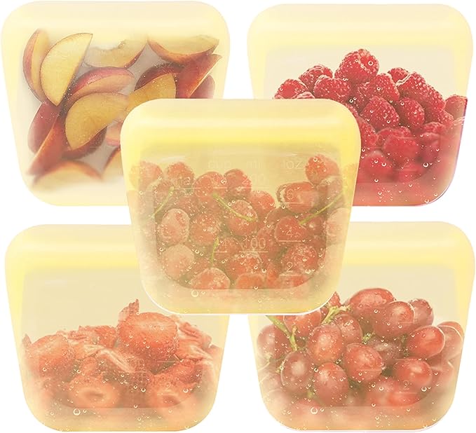 purifyou Set of 5 Reusable Silicone Storage Snack Bags 6oz / 16oz / 32oz / 64oz Self-Seal Food Storage Container for Fruits, Vegetables, Sandwiches, Dishwasher Safe & Leak-free (PastelYellow, 6oz)