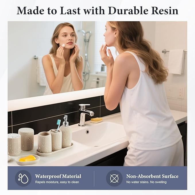 Bathroom Accessories Set - 7-Piece Resin Bathroom Set, Toothbrush Holders Set, Soap Dispenser, Qtip Holder Dispenser, Tumbler, Soap Dish & Tray, Modern Bath Decor for Home Dorm Hotel (Beige)