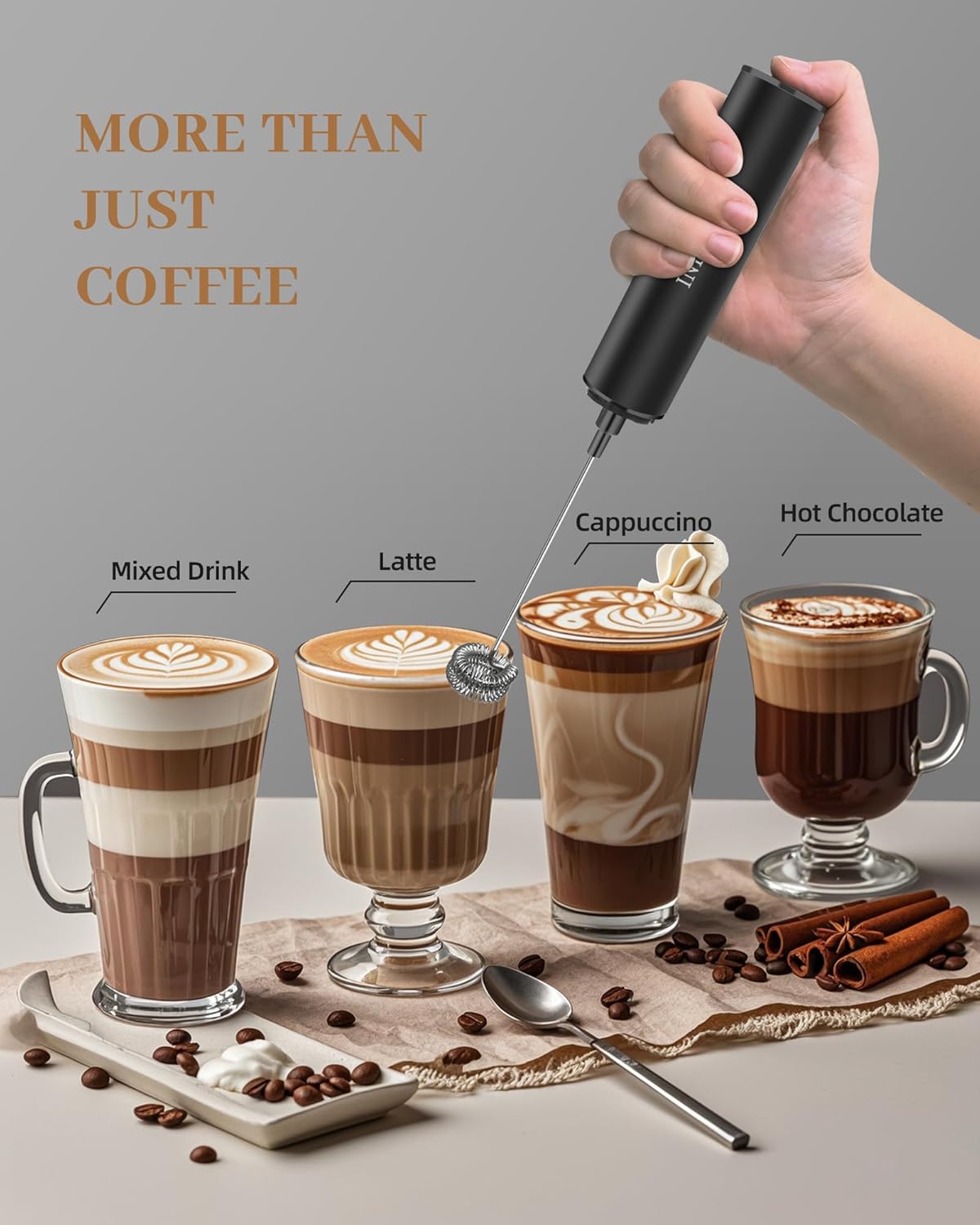 Milk Frother Rechargeable with Cover - Coffee Frother Wand, Drink Mixer Handheld with 2 Detachable Stainless Whisks 2 Speed Adjustable for Latte, Cappuccino, Hot Chocolate, Egg, Black