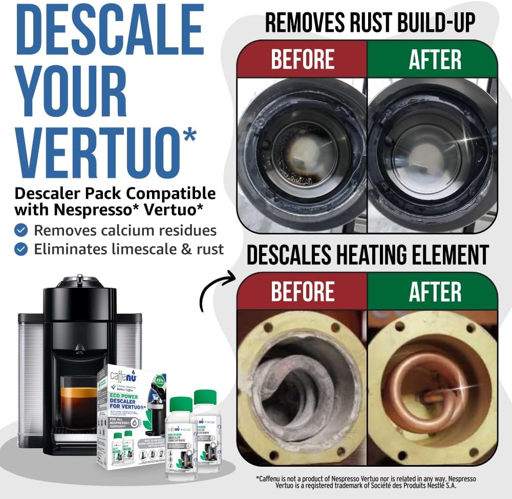 Nespresso Compatible Descaling Kit. 2 Bottles of Vertuo Descaler Solution. Removes Limescale For Hotter Coffee. 4 Uses Descaler For Nespresso Vertuo Coffee Machines.