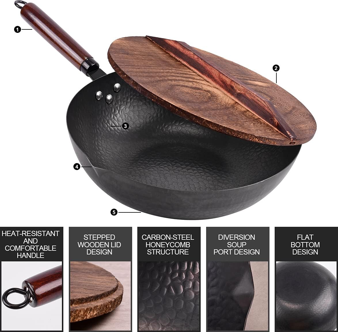 12.8" Carbon Steel Wok-11Pcs Woks & Stir Fry Pans Wok Pan with Lid, No Chemical Coated Chinese Woks with 10 Cookware Accessories, Flat Bottom Wok for Electric, Induction,Gas Stoves
