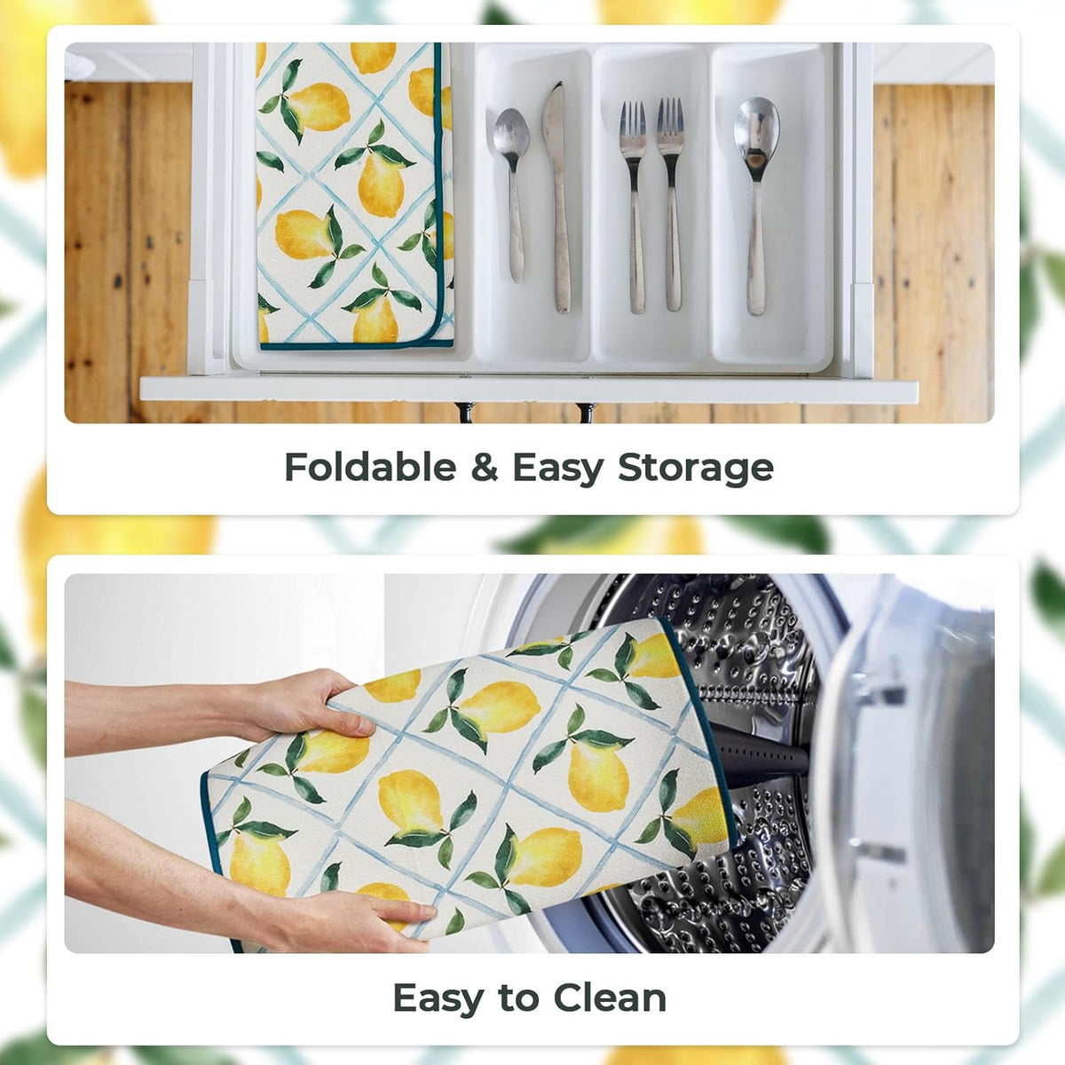 FRESHMINT Printed Dish Drying Mat for Kitchen Counter 2 Pack Absorbent Reversible Drying Mats Microfiber Kitchen Drying Mat, Extra Large Dishes Drainer Mats (18"x16", Lemon)