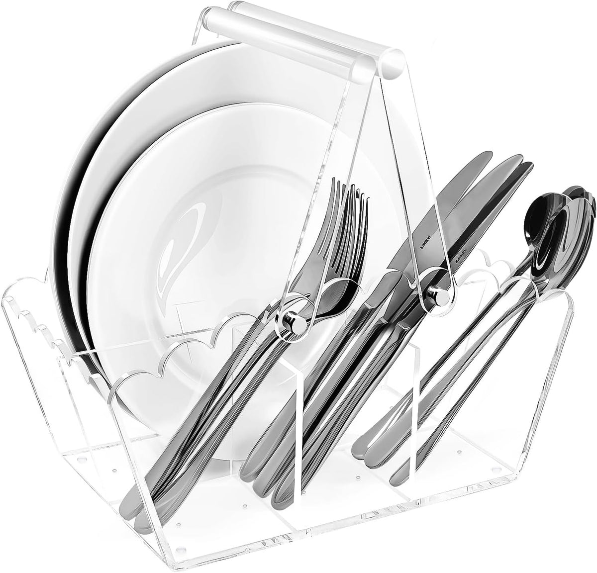 Scalloped Silverware Organizer. Acrylic Utensil Caddy.Heavy-Duty Countertop Cutlery Holder for Spoons,Forks,Knives, Napkins,Plates Space-Saving Countertop Cutlery Caddy - Picnic Party Essential