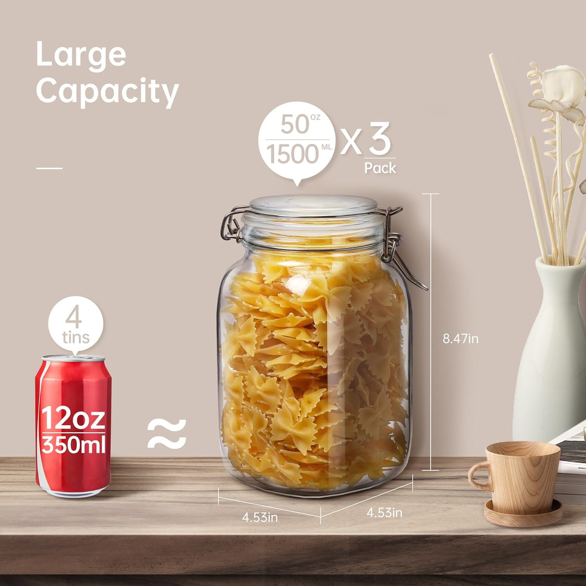 Square Glass Jars with Airtight Lid Set of 3, 50 floz Wide Mouth Mason Jars with Clamp Lids,Glass Sealed Jars with Air Tight Lids, Best for Kitchen & Pantry Food Storage