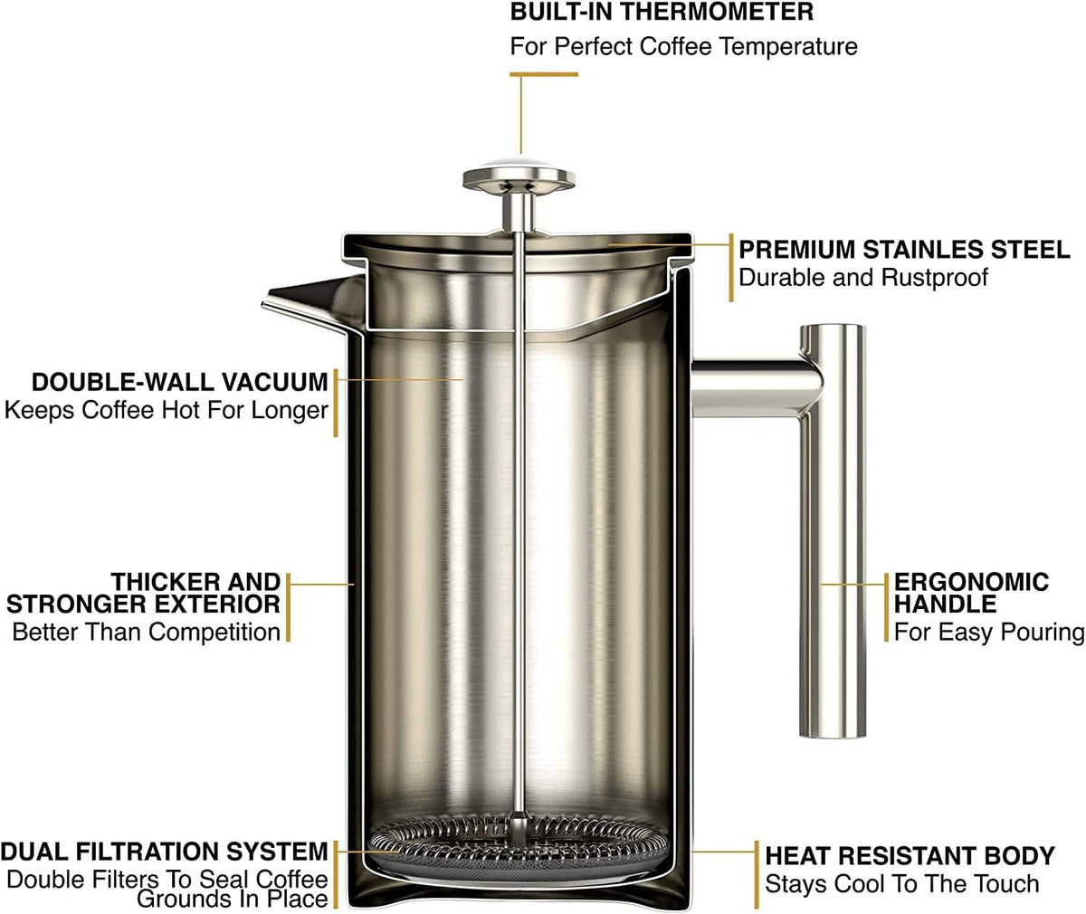 Barista Warrior French Press with Thermometer - Insulated Coffee Press - Stainless Steel Coffee Maker (1.0L | 34 fl oz) (White)