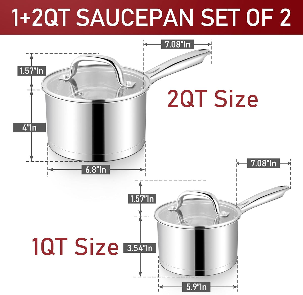 P&P CHEF 1 Quart & 2 Qruat Saucepan with Lid Set, Stainless Steel Small Cooking Pot Induction Sauce Pan for Pasta Soup, Ergonomic Handle & Tri-ply Base, Dishwasher Safe, 2 Pan