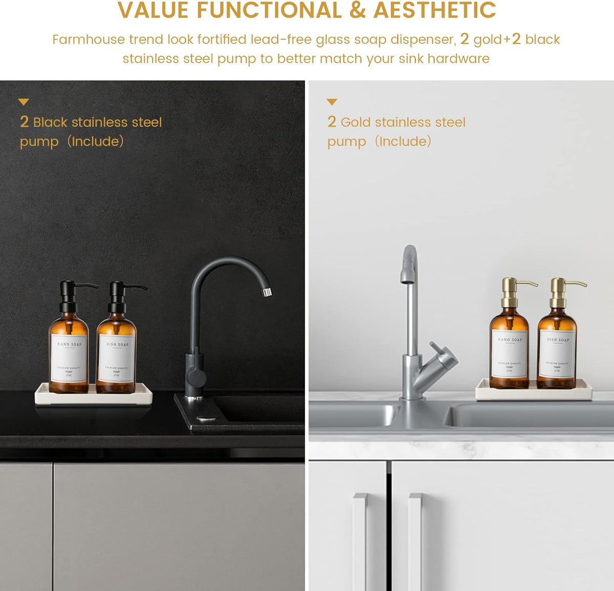Glass Soap Dispenser for Kitchen, Farmhouse Dish & Hand Soap Dispenser Set, Rustproof Pump Bathroom Soap Lotion Dispenser with Tray, Waterproof Label for Kitchen Decor(Amber