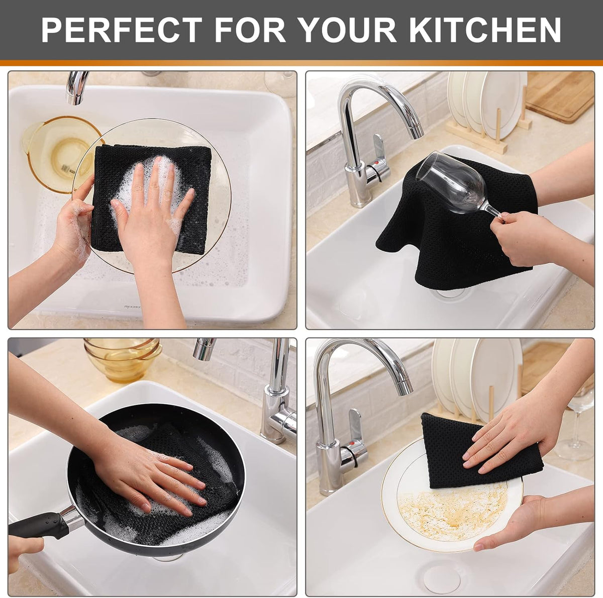 Kitinjoy 100% Cotton Kitchen Dish Cloths, 6 Pack Waffle Weave Dish Towels Ultra Soft Absorbent Quick Drying Dish Rags, 12 X 12 Inches, Black