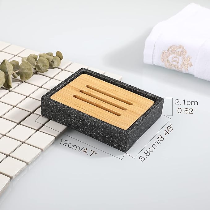 Luxspire Bamboo Soap Dish, Resin Soap Holder with Drainage, Wooden Soap Dish for Shower, Bathroom, Sink, Kitchen and Countertop, Gravel Black