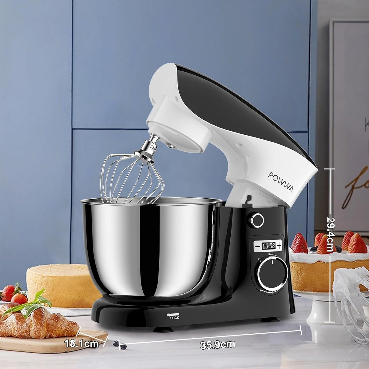 Stand Mixer, POWWA 6.5 QT 10 Speeds Tilt-Head Electric Stand Mixer, 3-In-1 Kitchen Mixer with Bowl, Dough Hook, Whisk and Beater, Food Mixer for Baking and Daily Use (Black White)